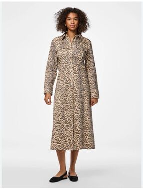 PIECES. Leopard Print Shirt Dress - Beige